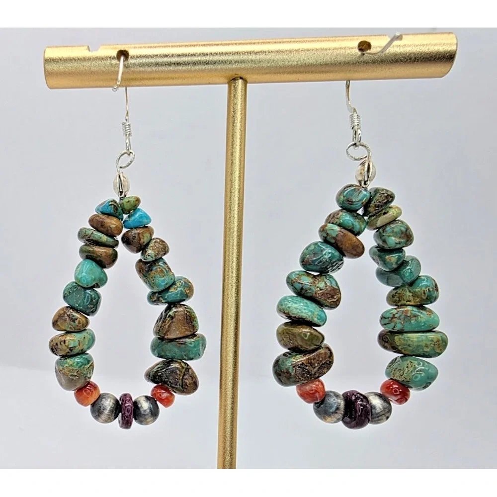 Turquoise‎ Nugget Dangle Earrings Red Coral Navajo Pearls 2
